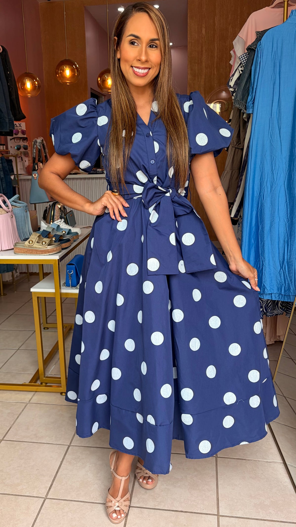 Polka Dot Elegance Midi Dress- Navy Blue