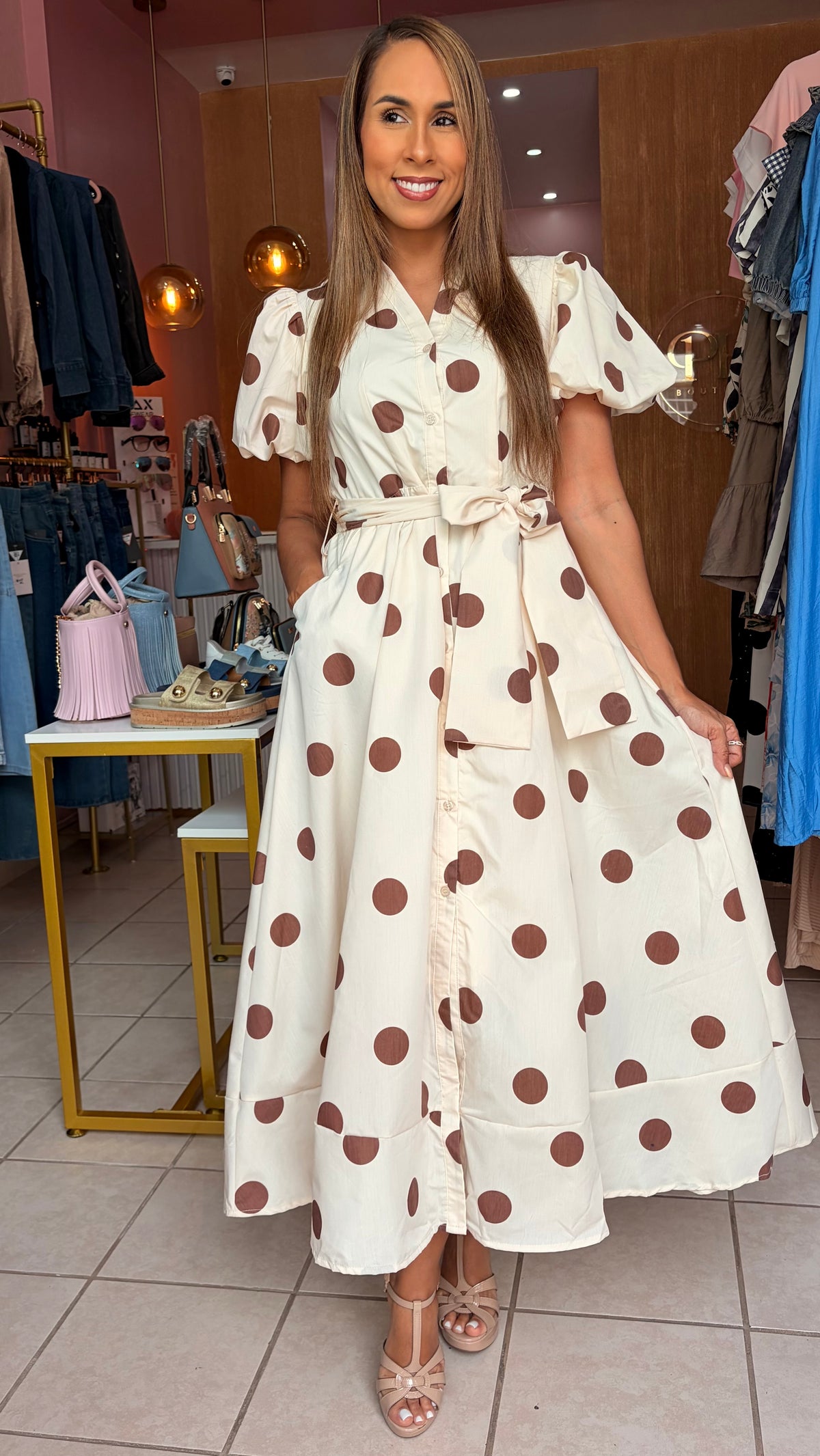 Polka Dot Elegance Midi Dress- Ivory & Brown