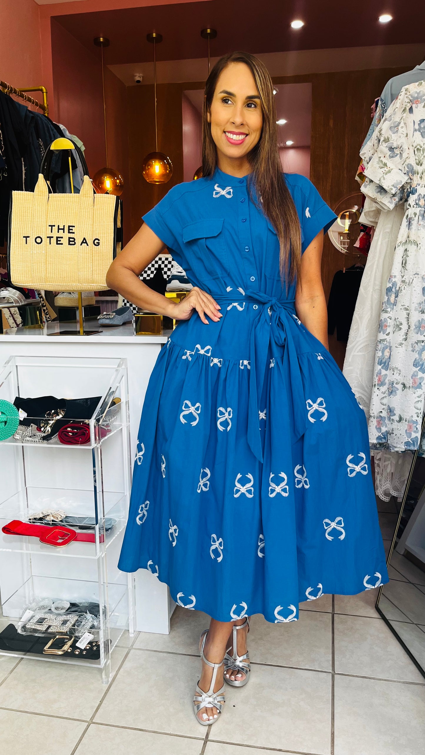 Bow Print Blue Dress