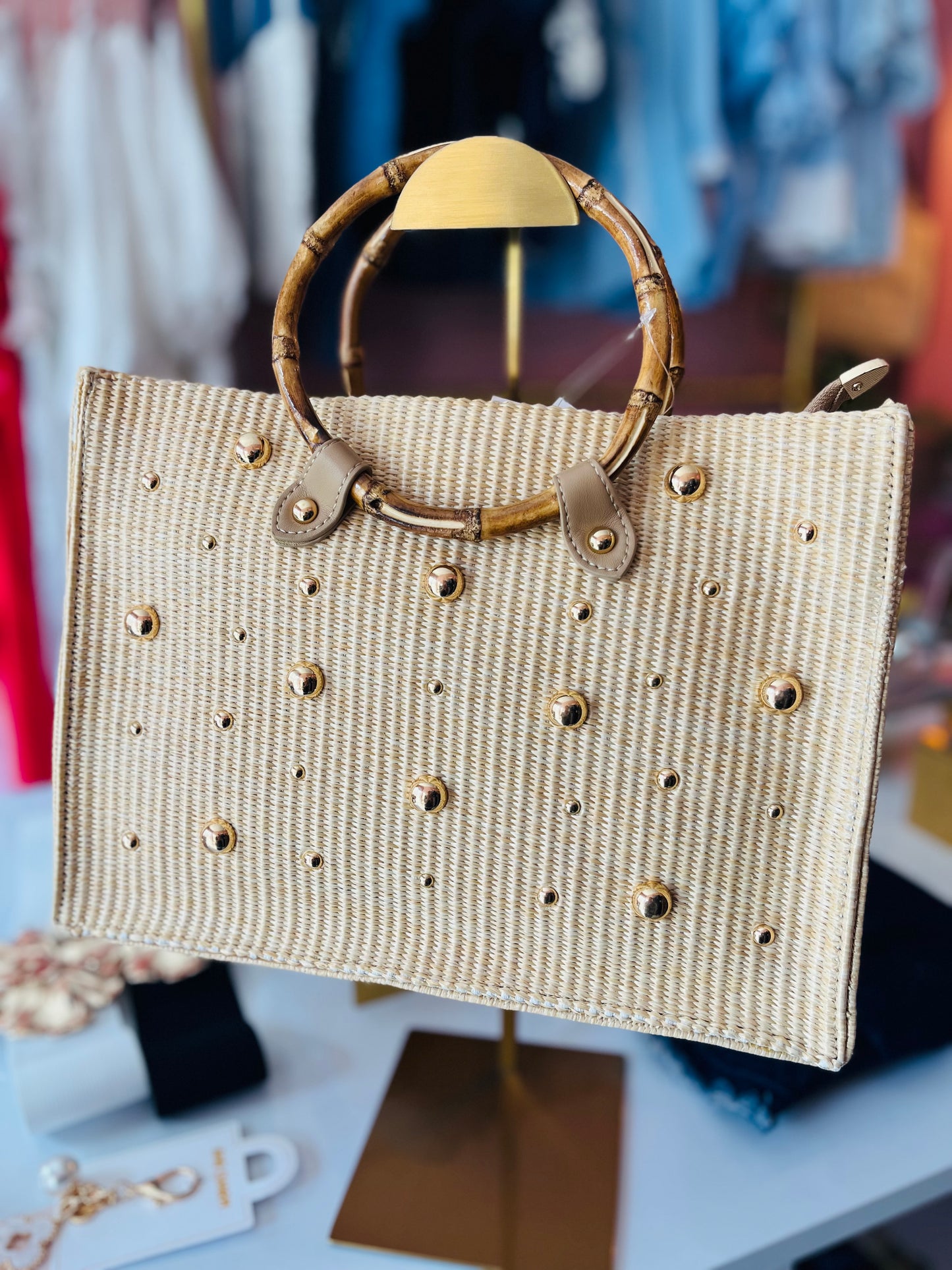 Wicker Tote Bag- Bamboo Handles