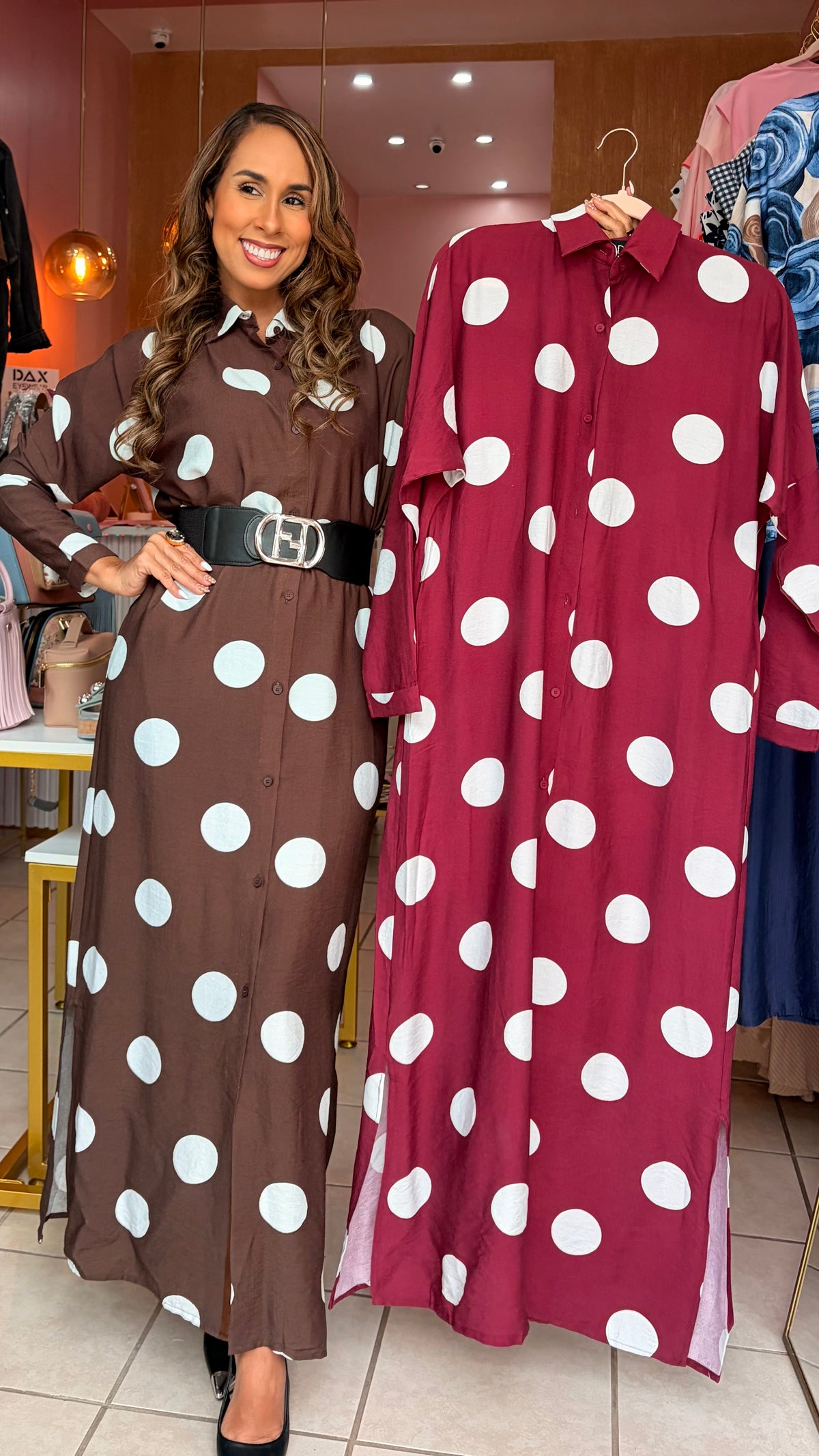 Burgundy Polka Dot Shirt Dress