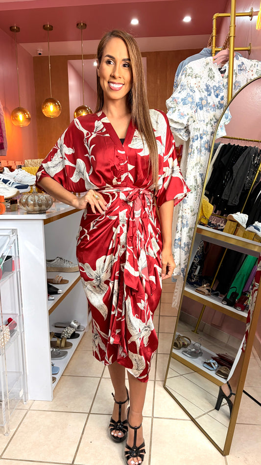 Button Down Satin Midi Burgundy