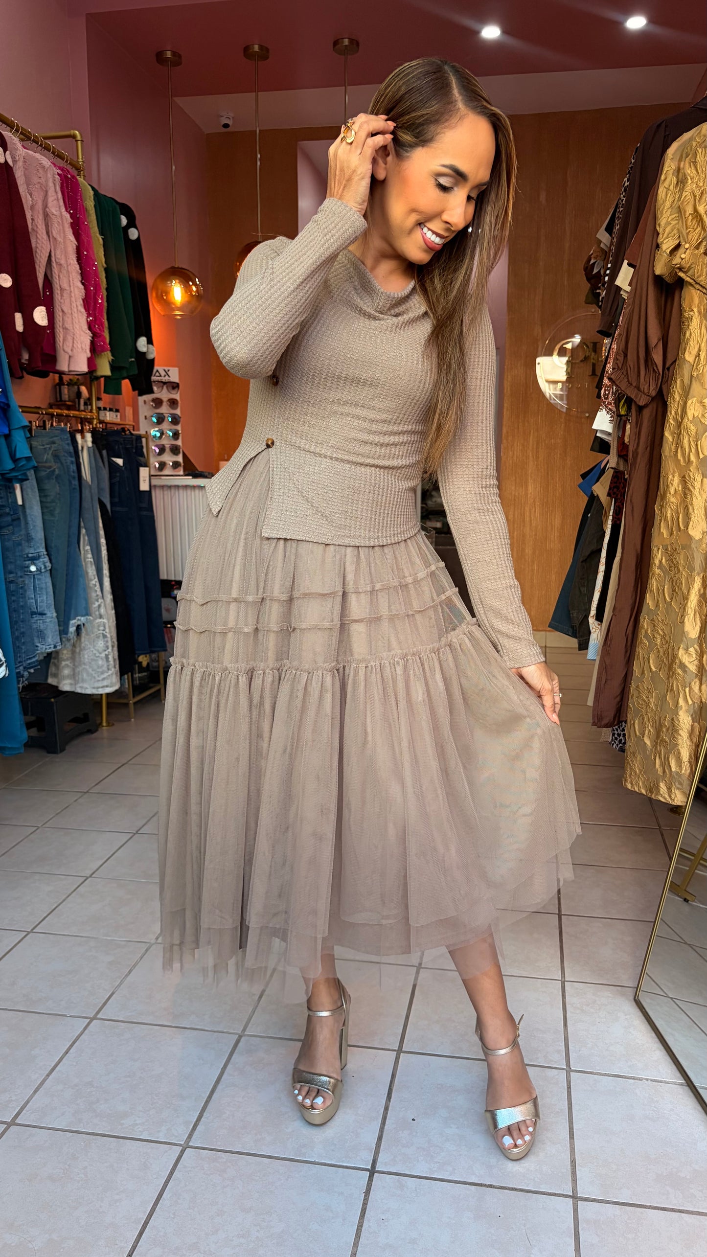Nude Ruffle Midi Dress