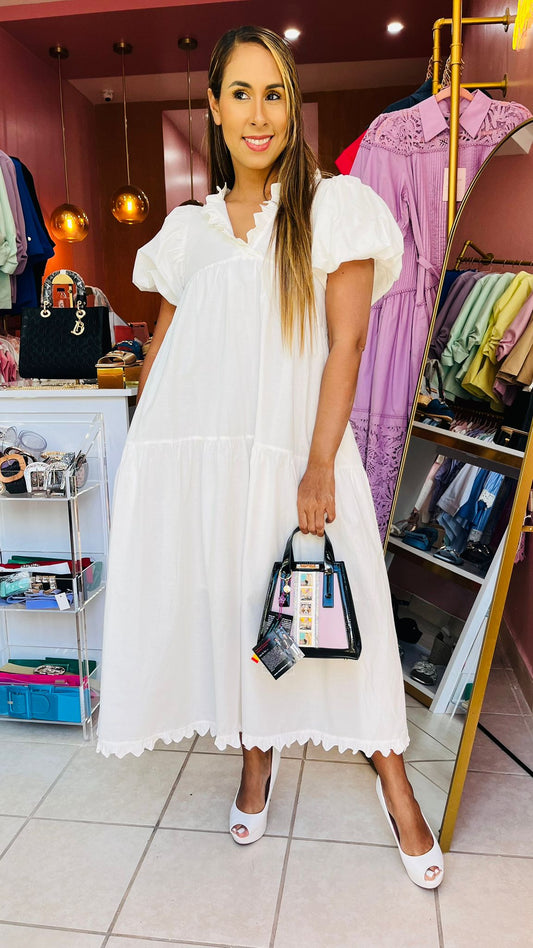 Scallop Trim Tiered White Midi Dress