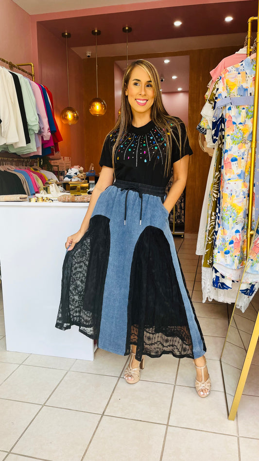 Black Lace Denim Skirt