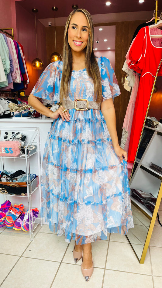Smocked Top Mesh Midi Dress
