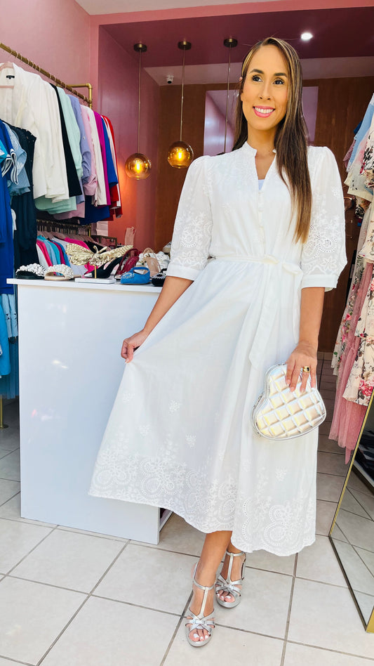 White Embrodery Midi Dress
