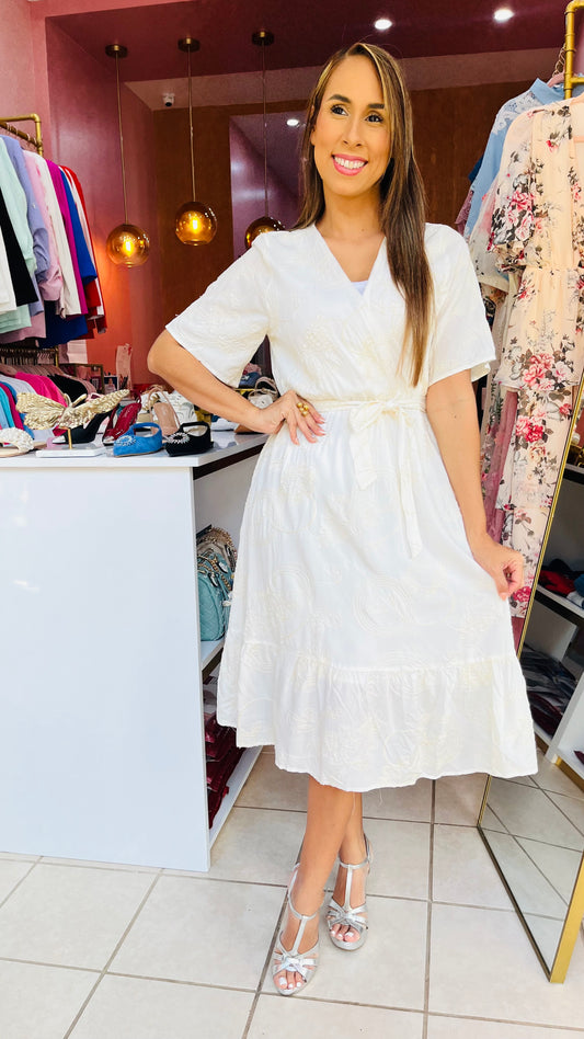 White Embrodery Beige Dress