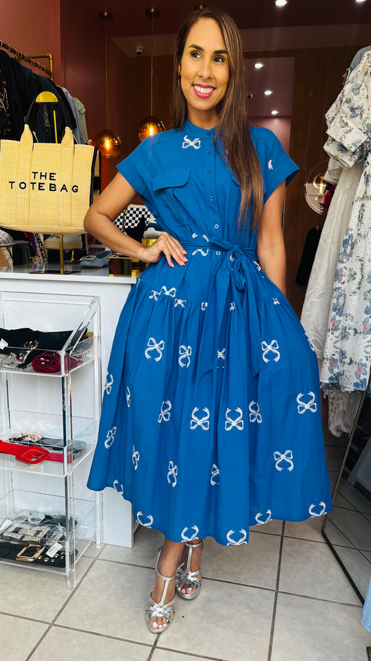 Bow Print Blue Dress