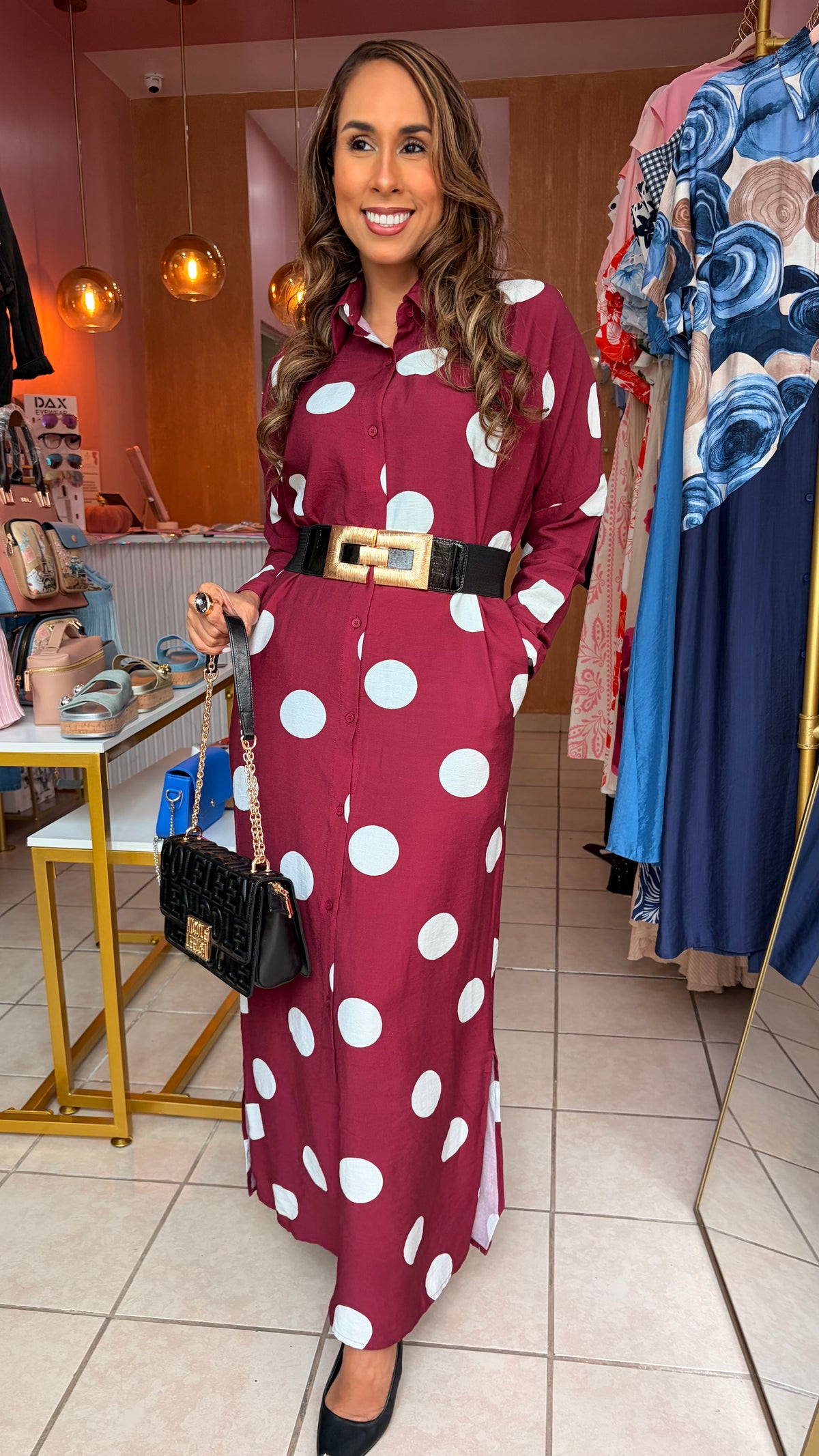 Burgundy Polka Dot Shirt Dress