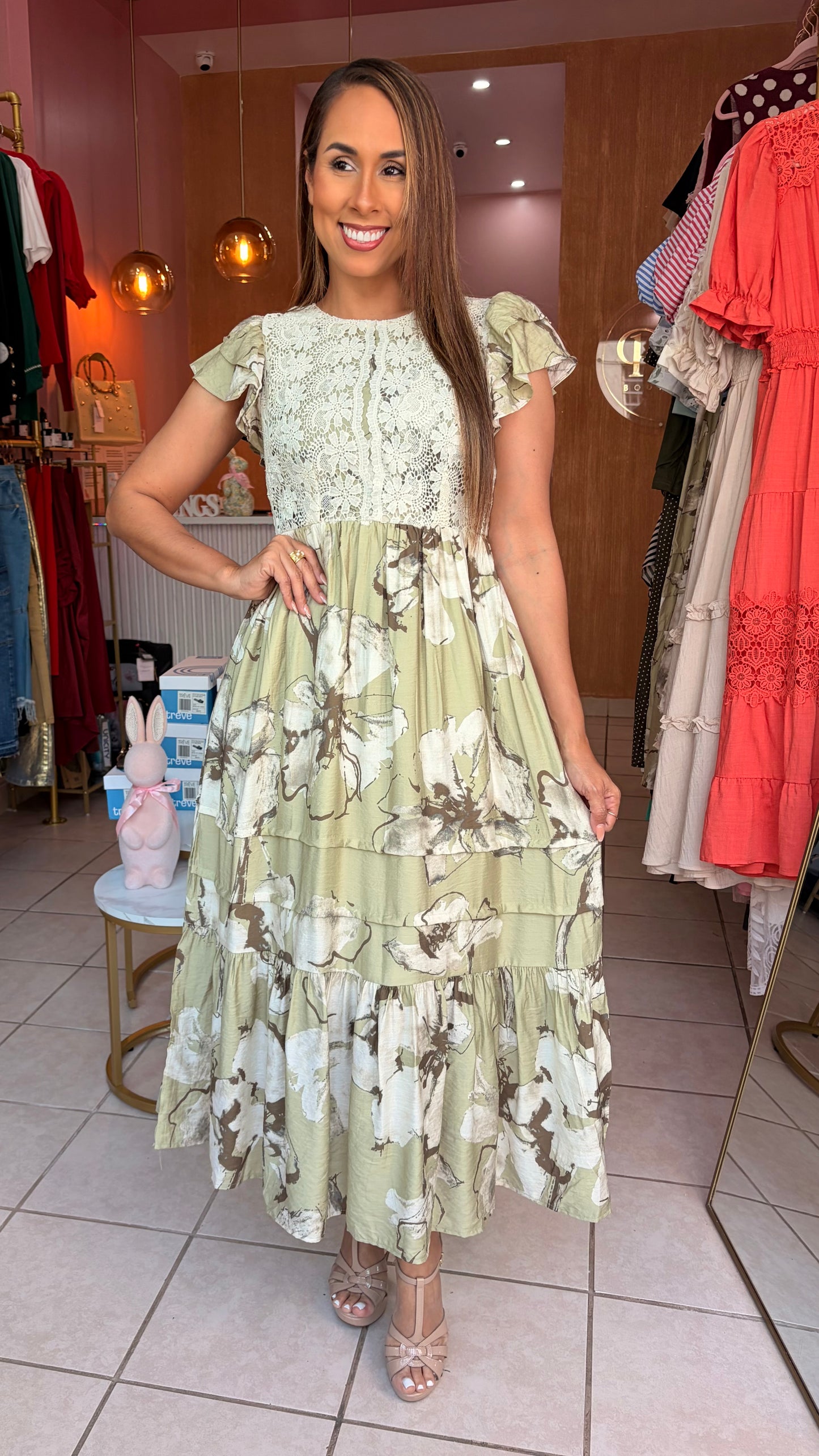 Floral Lace Top Sage Midi Dress