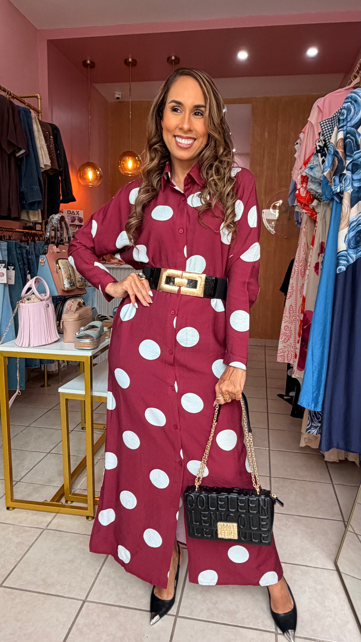 Burgundy Polka Dot Shirt Dress