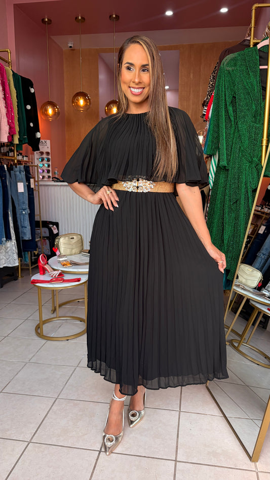 Cape Pleated Woven Midi Dress