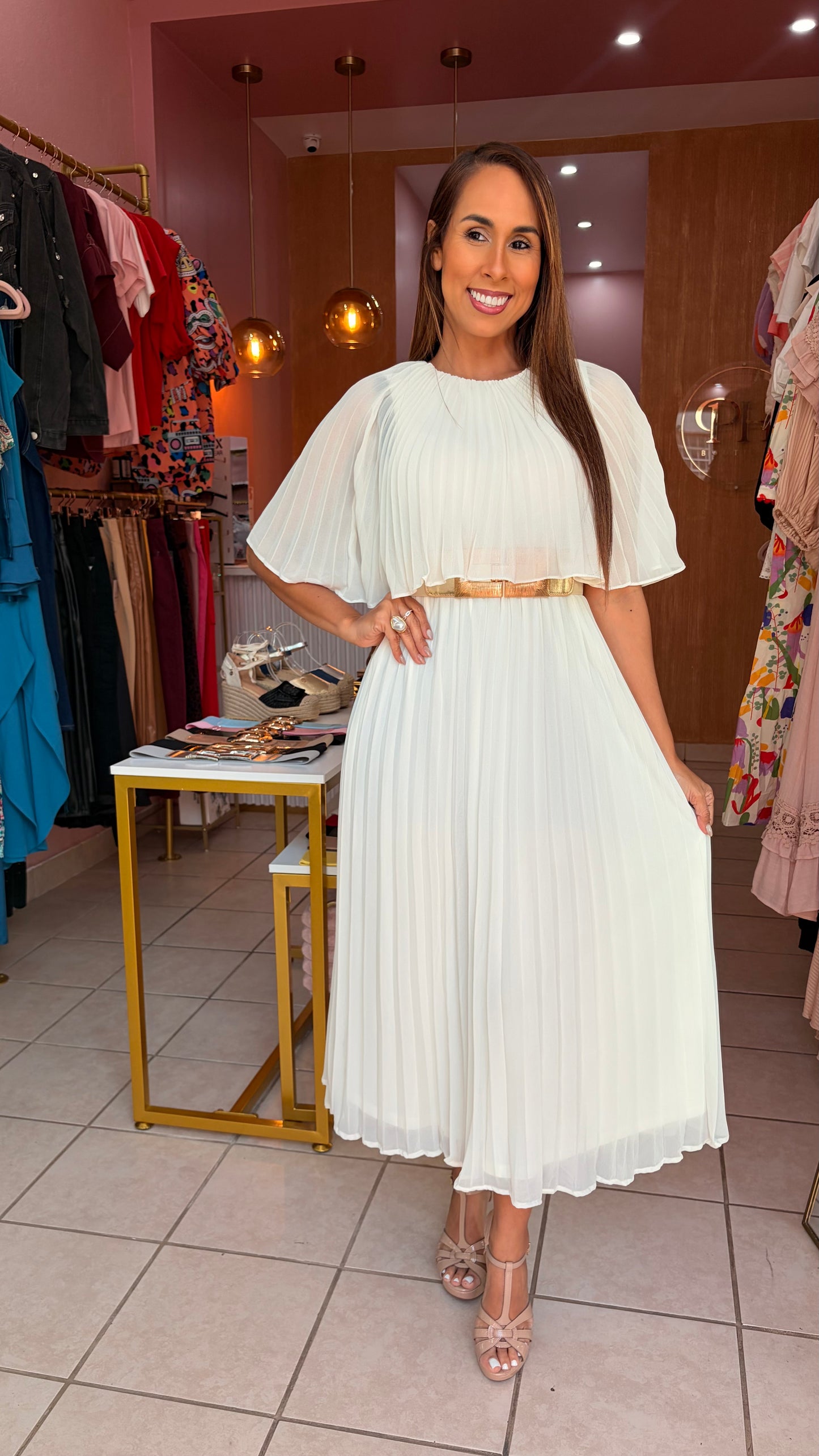 Cape Pleated Woven Midi Dress