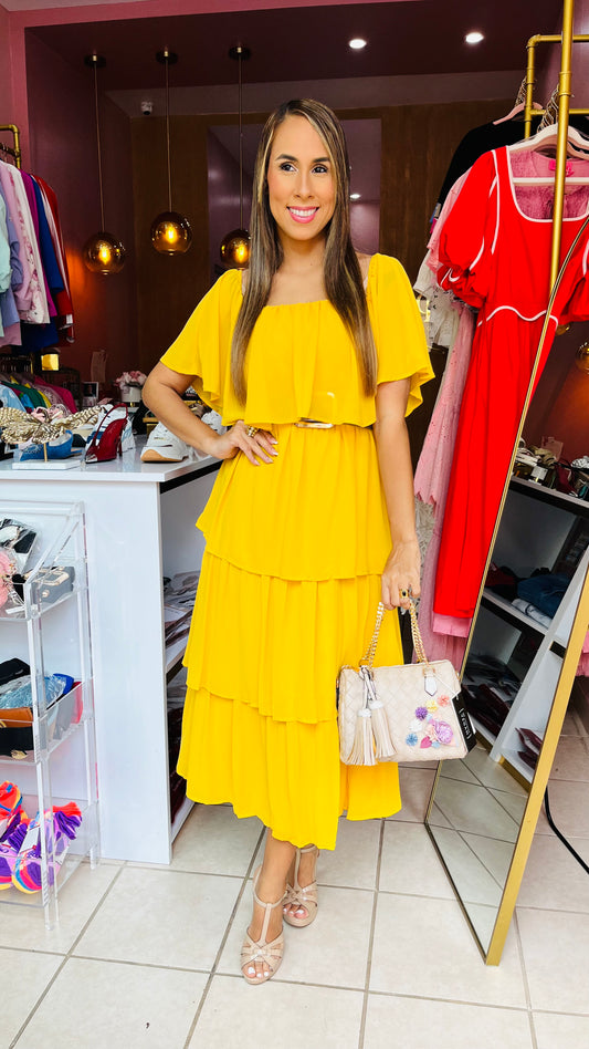 Yellow Off Shoulder Midi Dress