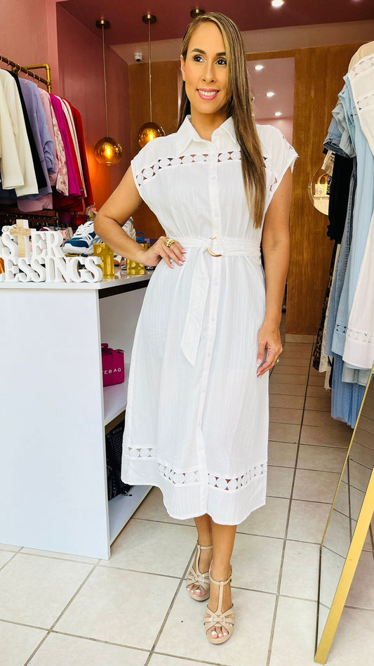 Button Down White Midi Dress