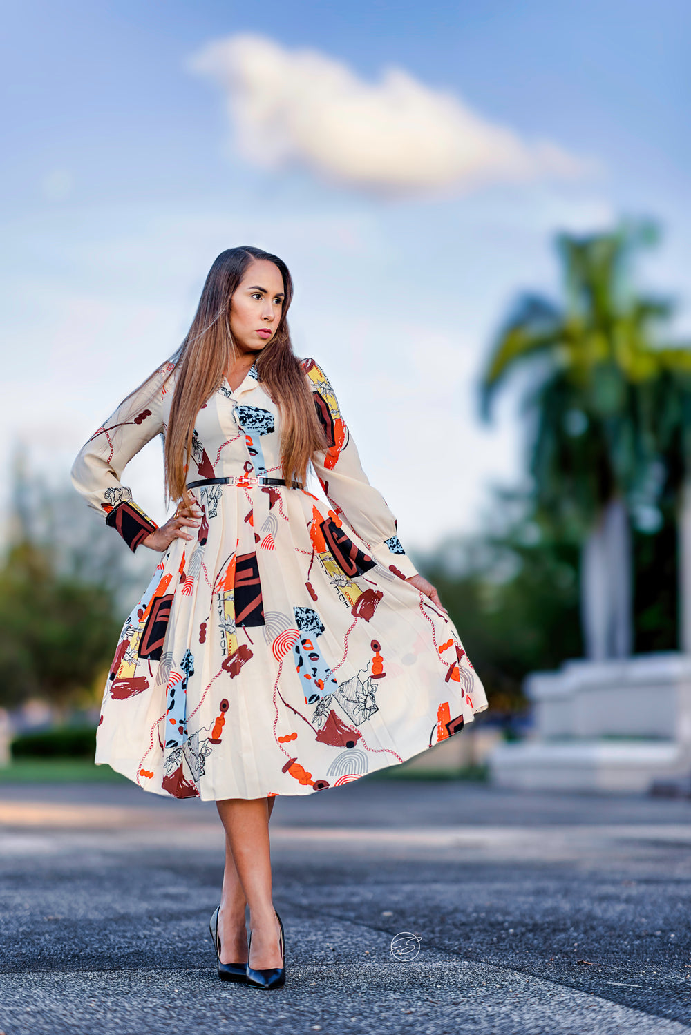 Beige Printed Midi Dress