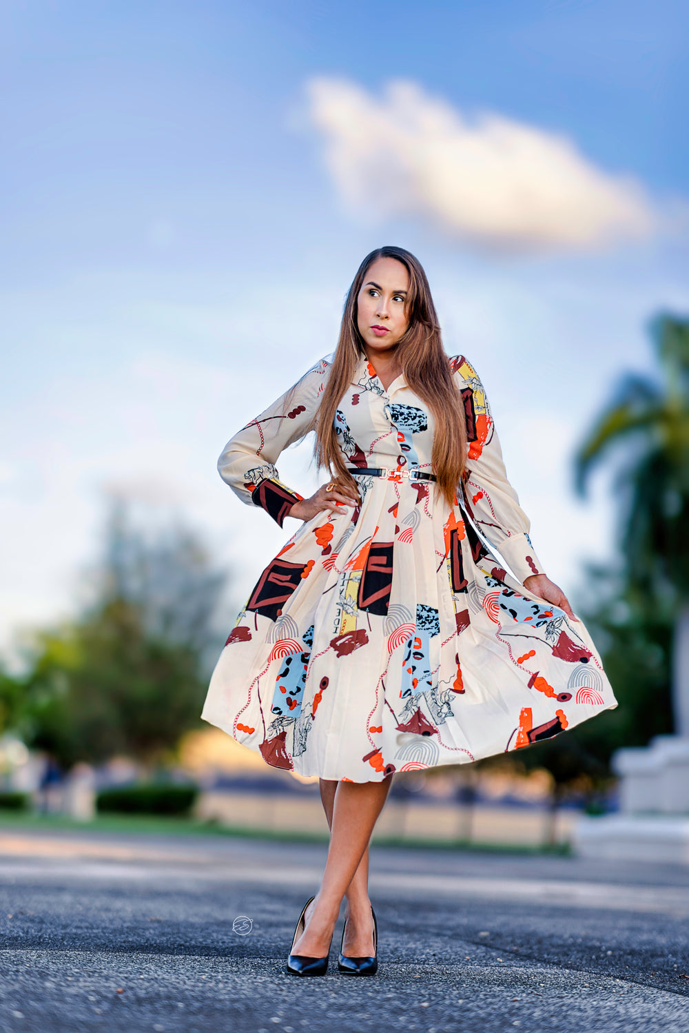 Beige Printed Midi Dress